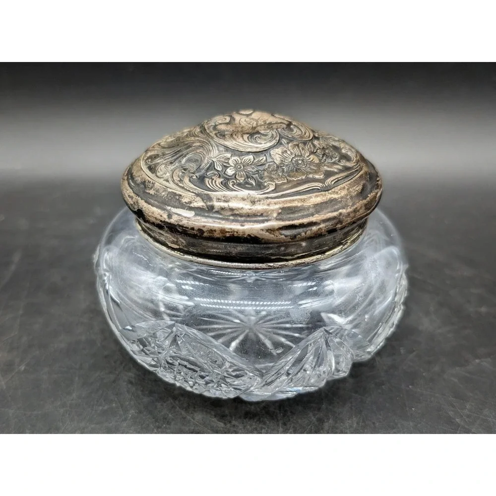 Antique Cut Glass Vanity Jar with Ornate Repousse Floral Metal Lid Starburst